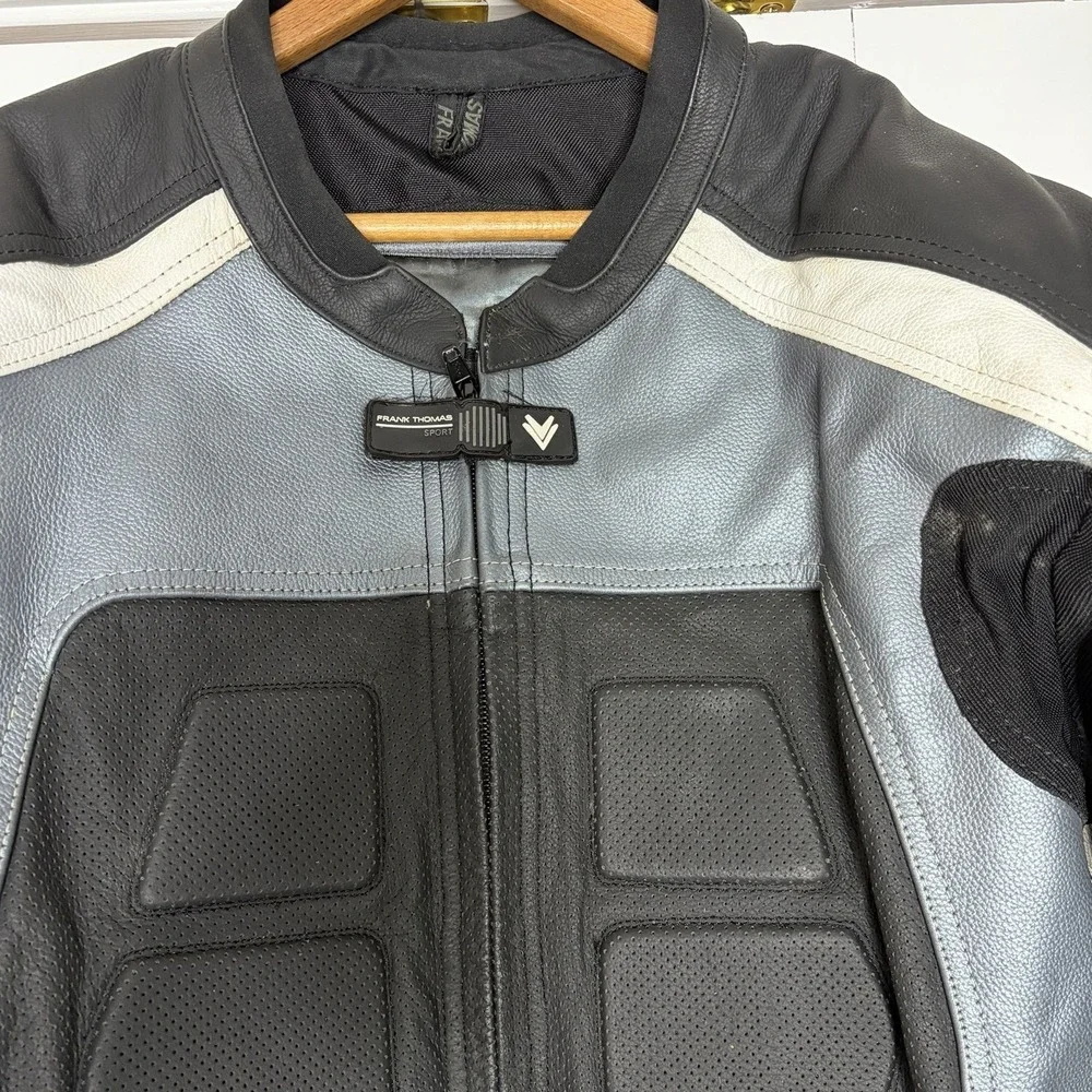Frank Thomas‎ Motorcycle Jacket Mens 46 Leather Padded Sport Racing Black Silver